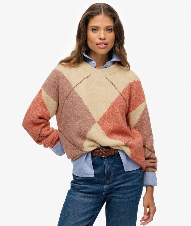 Maglione oversize a rombi con scollo a V